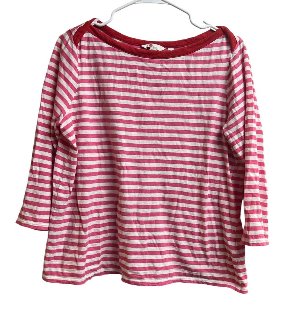 Boden Women's Boat Neck 3/4 Sleeve Pink White Stripes Red Neck 12